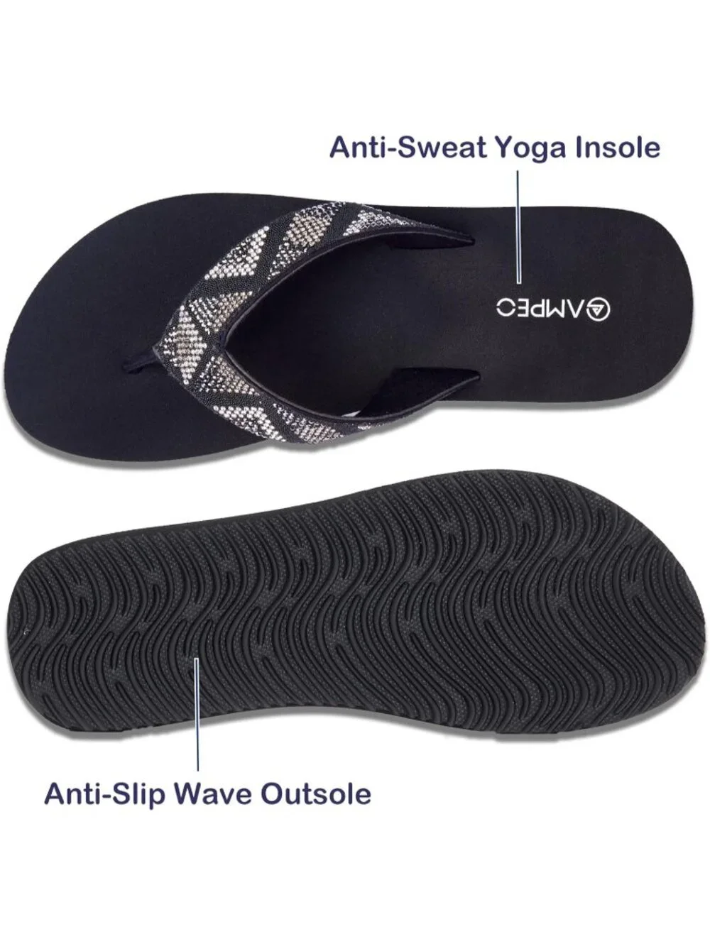 Women's Gemstone Black Metallic Comfortable Flip Flops Summer Beach Thong Sandal